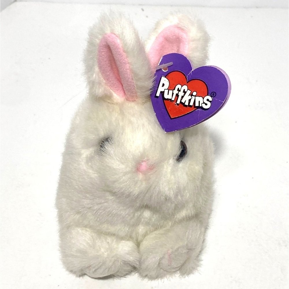 Vintage 90s Puffkins Lucky the Rabbit White Bean Bag Stuffed Plush Swibco